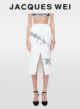 JACQUES WEI2025新款设计师款白灰色刺芹手工钉珠冬季半身裙冬女