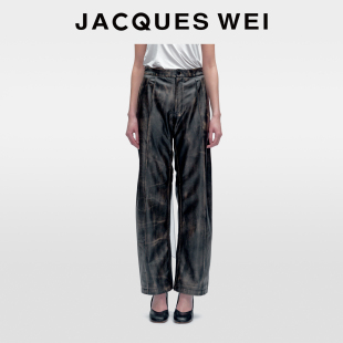 女款 JACQUES 阔腿长裤 秋冬复古做旧黑棕色皮裤 酷飒风 WEI2025新款