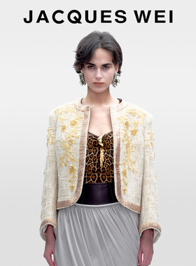 JACQUES WEI2025秋冬新款米黄色纯手工刺绣钉珠修身短款外套女士
