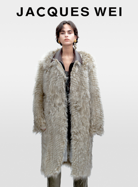 JACQUES WEI2025新款秋冬灰色拼接牛皮领长款保暖羊毛皮草外套女