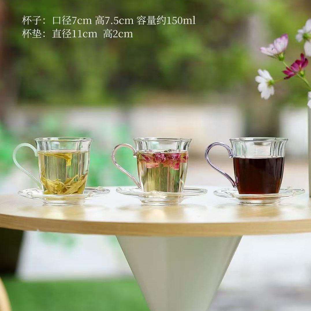 高硼硅耐热玻璃花瓣咖啡杯碟组合办公室个人杯马克杯泡茶杯带杯垫