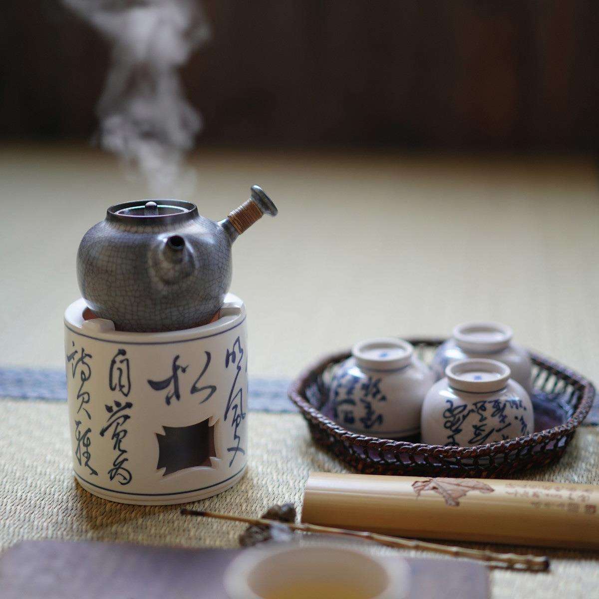 梵山堂青花诗文直身酒精炉茶炉茶壶蜡烛灯底座加热烧茶煮茶器