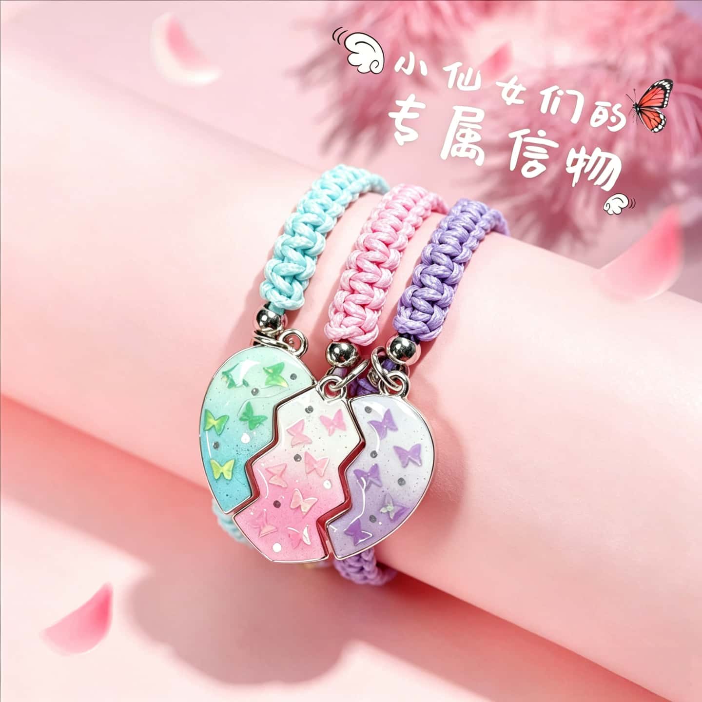 蝴蝶爱心三人磁吸闺蜜手链高颜值学生党儿童女孩专属信物编织手绳图片