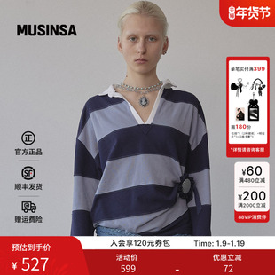 SCULPTOR 韩国25秋冬蓝灰条纹V领polo衫女宽松长袖上衣MUSINSA