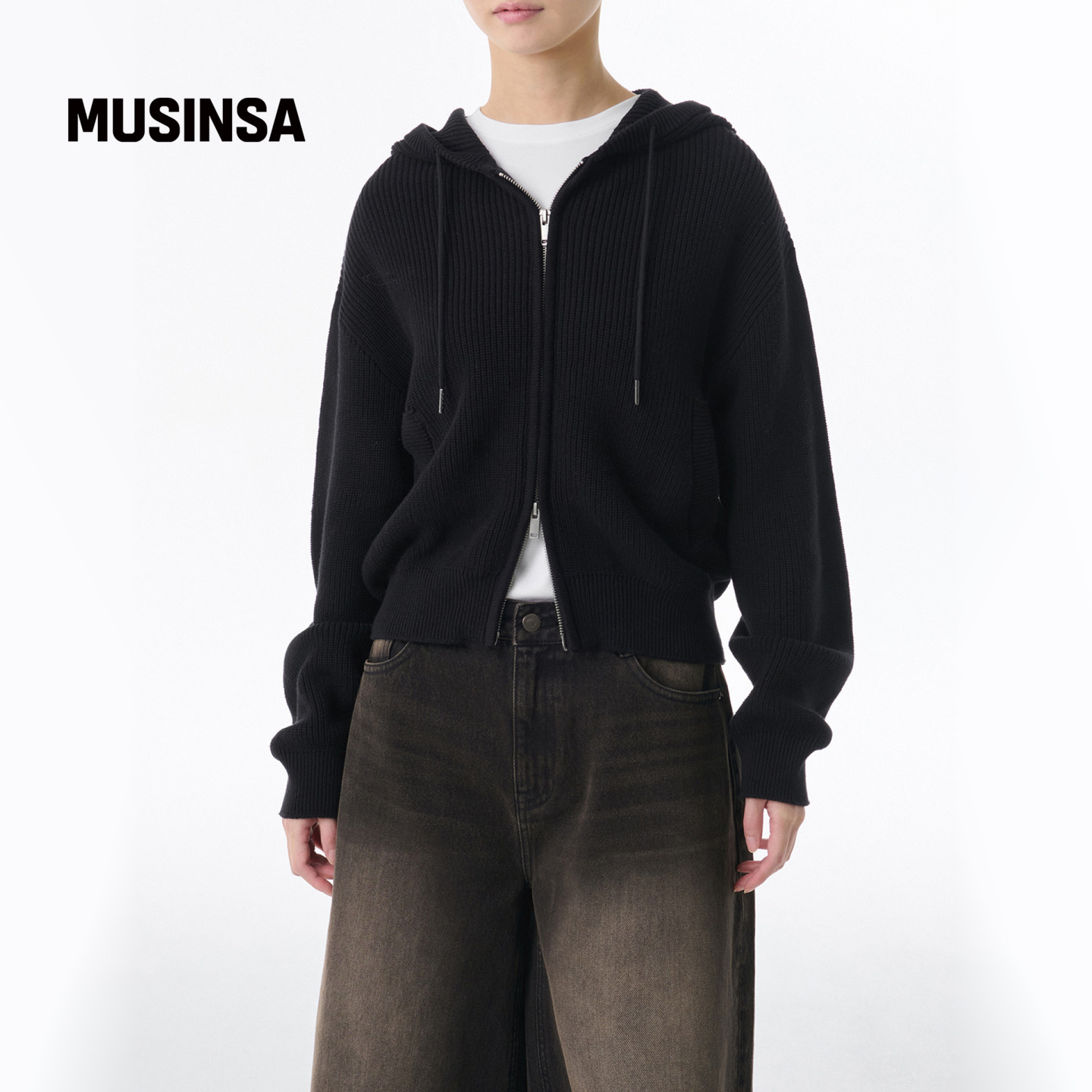 musinsa standard韩国25秋季女士常规落肩连帽抽绳拉链针织开衫