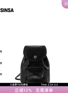 STAND OIL韩国女士25冬季经典黑色翻盖圆标装饰光泽背包MUSINSA