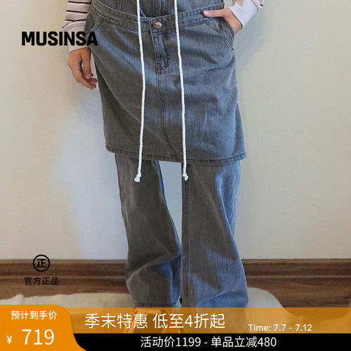 流行设计感围裙式叠层牛仔裤