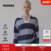 女宽松长袖 SCULPTOR 韩国25秋冬蓝灰条纹V领polo衫 上衣MUSINSA