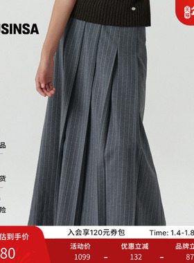 LEVAR韩国25冬季竖条纹百褶裙高腰经典腰带褶裥长裙MUSINSA