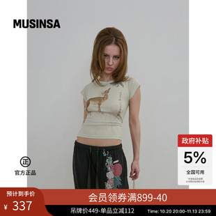 SCULPTOR韩国26年新品女士时尚复古风修身型小鹿印花短袖MUSINSA