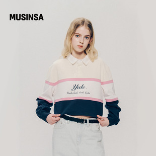学院风长袖 女复古美式 MUSINSA T恤拼色POLO衫 Yale橄榄球长袖