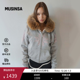 SCULPTOR 饰复古卫衣MUSINSA 韩国25秋冬毛领连帽外套钉珠装