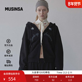 SCULPTOR 韩国25秋冬黑色字母刺绣连帽卫衣女拉链宽松外套MUSINSA