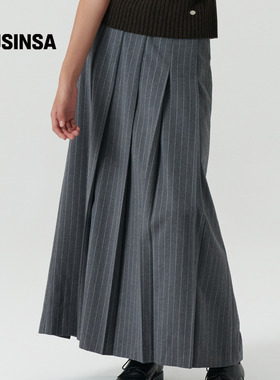 LEVAR韩国25冬季竖条纹百褶裙高腰经典腰带褶裥长裙MUSINSA