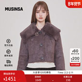 rose韩国25冬季 Not your 浅棕色毛绒翻领宽松双面皮革外套MUSINSA