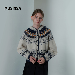 复古北欧提花连帽毛衣开衫 连帽开衫 MUSINSA 女款 URAGO韩国25冬季