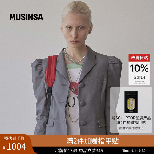 黑色泡泡袖女收腰复古西服