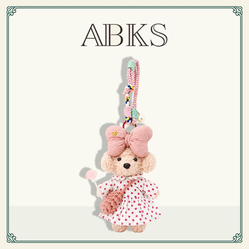 ABKS粉波波原创手工包包挂件毛绒书包公仔可爱波点小玩偶包挂0006