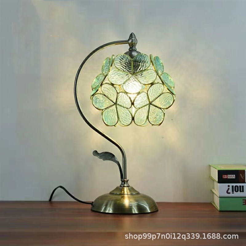 中式复古创意玻璃黄铜台灯家居餐厅卧室浪漫M结婚灯粉色花朵氛围