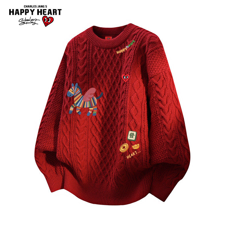 查尔斯桃心马年2026新款圆领麻花针织衫男女冬季新款慵懒红色线衣,男装,针织衫/毛衣,淘宝优惠券,粉丝福利购,淘宝优惠卷