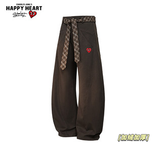 查尔斯桃心美式弯刀加绒加厚休闲裤男女冬季宽松情侣直筒长裤子潮