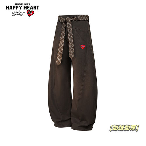 查尔斯桃心美式弯刀加绒加厚休闲裤男女冬季宽松情侣直筒长裤子潮
