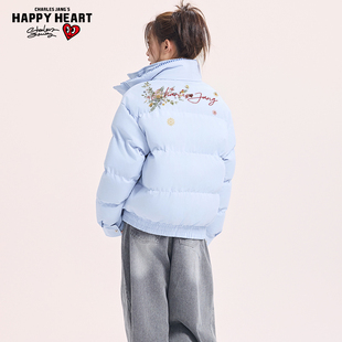 查尔斯桃心棉衣男女款秋冬美式格纹花卉印花假两件立领面包服外套