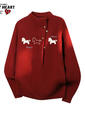 查尔斯桃心新年红色小马毛衣半高领男女冬季百搭潮流保暖针织衫