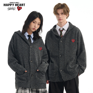 查尔斯桃心毛衣男女秋冬季学院风单排扣连帽重磅800g针织开衫外套