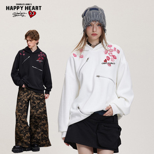 查尔斯桃心连帽卫衣男女春秋季2026新款美式高街拉链吻痕情侣外套