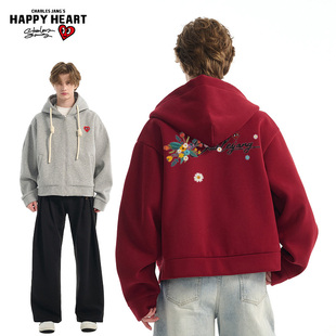 查尔斯桃心开衫卫衣男420g重磅秋冬季仿刺绣印花休闲连帽微短外套