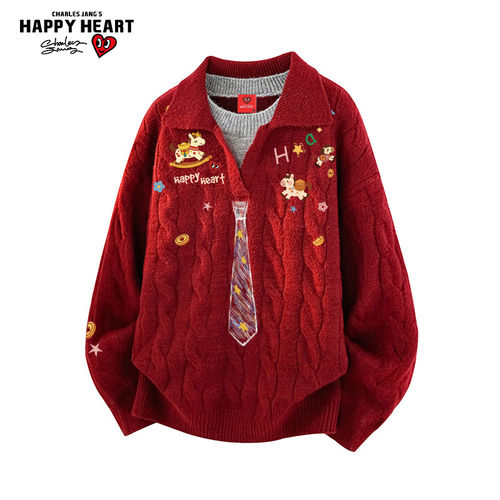 查尔斯桃心涂鸦领带假两件针织衫男马年2026冬季新款宽松慵懒毛衣