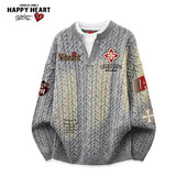查尔斯桃心美式 休闲毛衣 上衣男冬季 印花拼接v领假两件针织衫 长袖