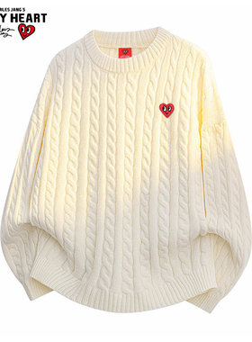 查尔斯桃心 麻花纹毛衣男圆领秋冬季加厚加绒宽松懒惰情侣针织衫