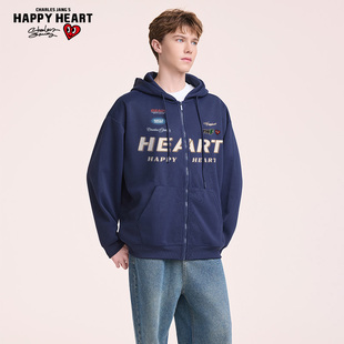 查尔斯桃心连帽卫衣男女款潮牌美式字母印花宽松休闲情侣开衫外套
