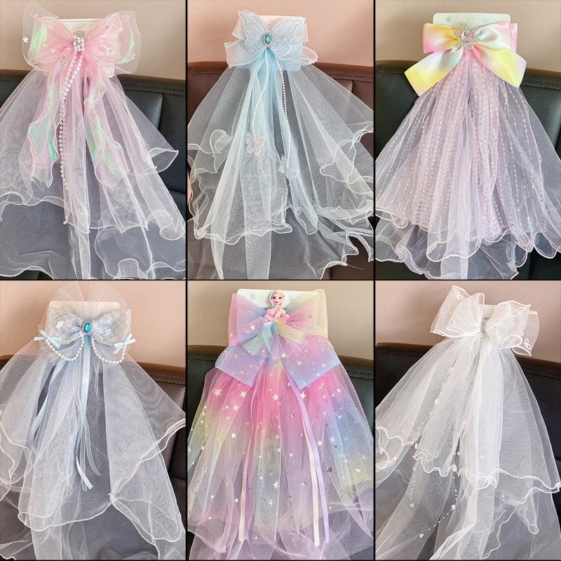 女童长头纱爱沙公主披纱发夹生日礼服配饰新款女孩蝴蝶结发卡顶夹图片