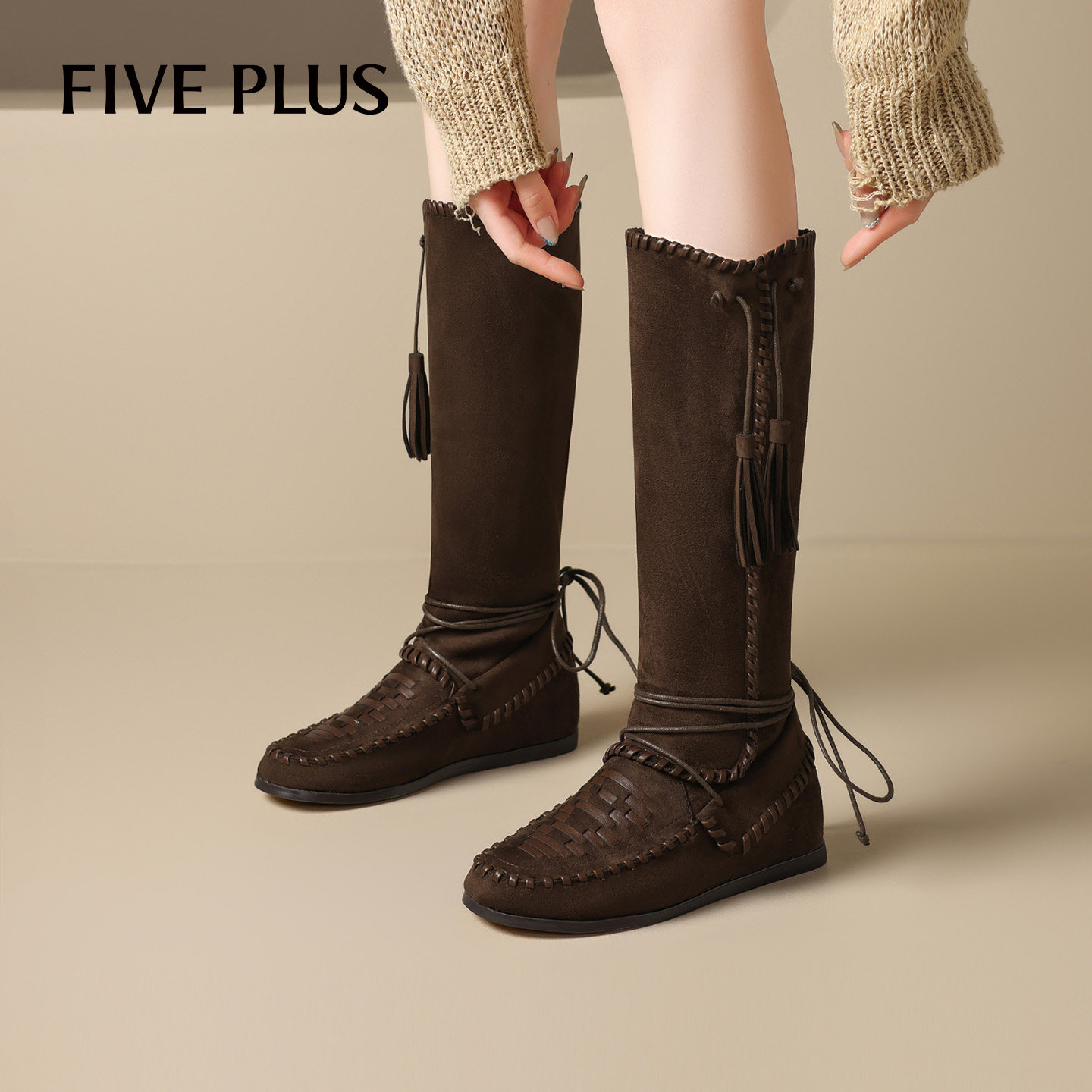 FIVEPLUS流苏绑带西部靴女