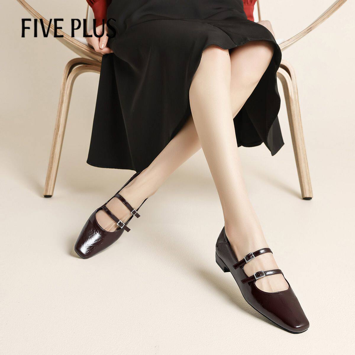 FIVE PLUS复古红色单鞋女2026夏季新款平底一字玛丽法式珍鞋皮鞋