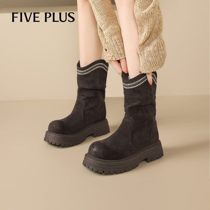 FIVE PLUS厚底短靴女2025冬季新款复古绒面中筒靴增高弹力瘦瘦靴