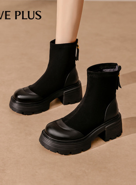 FIVE PLUS厚底弹力短靴女款2025冬季新款粗跟增高瘦瘦靴黑色袜靴