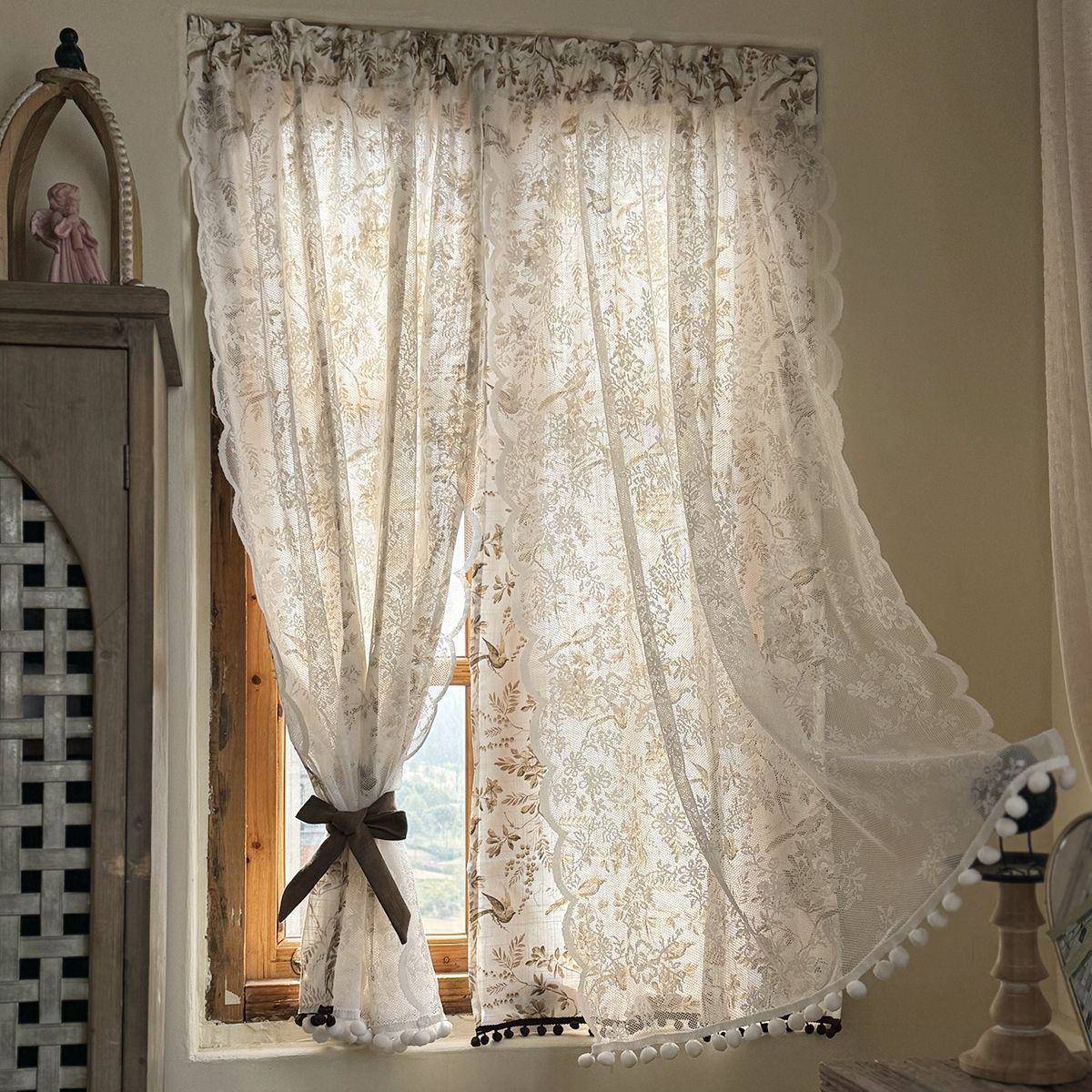 美式飞鸟双层门帘遮挡帘透棉气挂钩轨道帘复古打孔门帘免粘FQL全