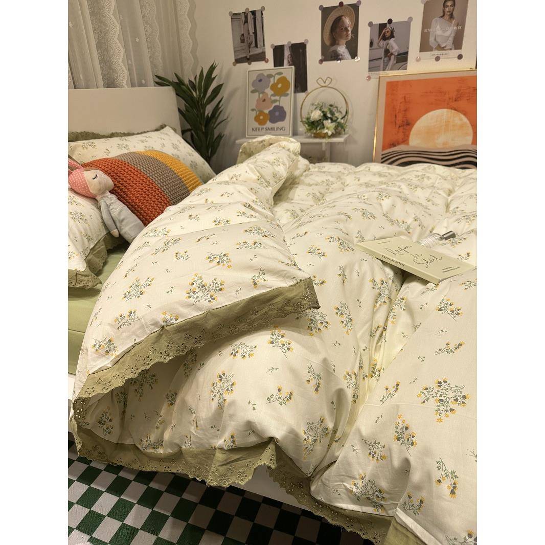 AF77JTJT86L美文艺田园叶边淑女小碎花四件套纯棉被式套床床单荷
