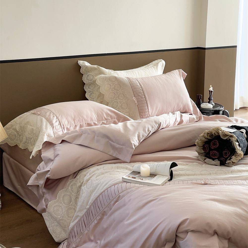 A类OUI床法手式蕾丝长绒棉全棉四件套丝绒蝴蝶结花边工被套纯棉单