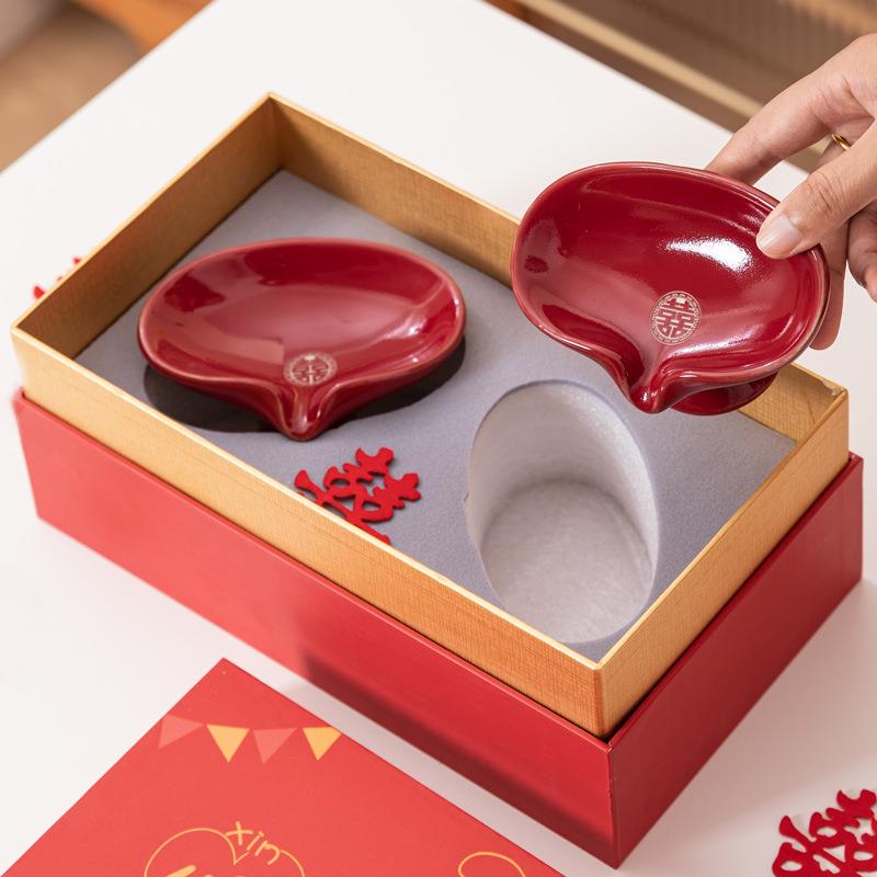 亲迎物0002结婚水肥皂沥碟陶瓷香皂盒红色一套对陪嫁装品女方用品