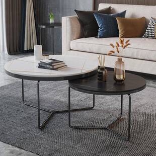 意式轻岩板茶几简约客DSD奢大厅家用小形户型圆茶桌理石边几茶几