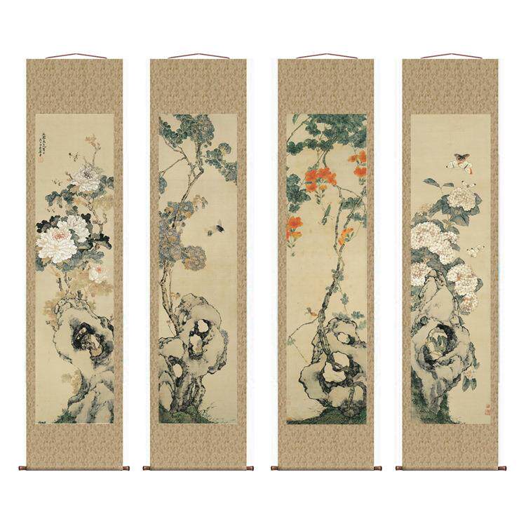 房清居廉花卉四条屏仿古画画复制工笔花鸟画名人字装饰书挂XDR画
