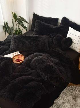 黑色水貂绒四件套双面珊瑚绒被套笠款法兰床F8756MMT绒床冬季件套