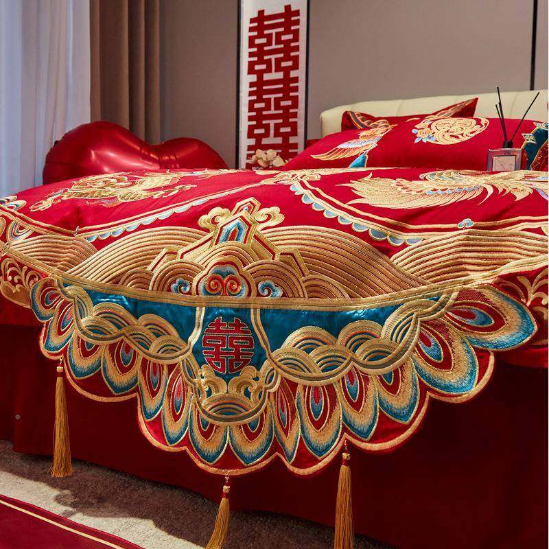 新简约全婚棉绣花庆四件套大红纯棉绣SGS新婚床刺品龙凤被套款多
