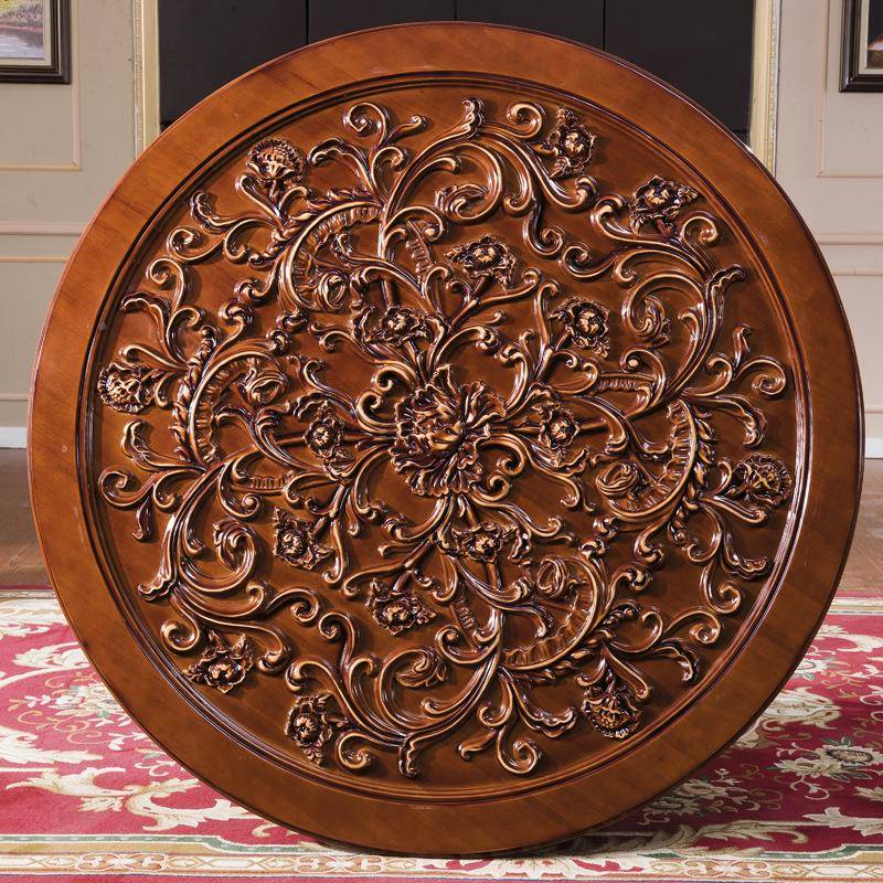 欧式转圆桌餐实木美式桌木深色带盘饭桌大理石圆桌大理石餐TB5202