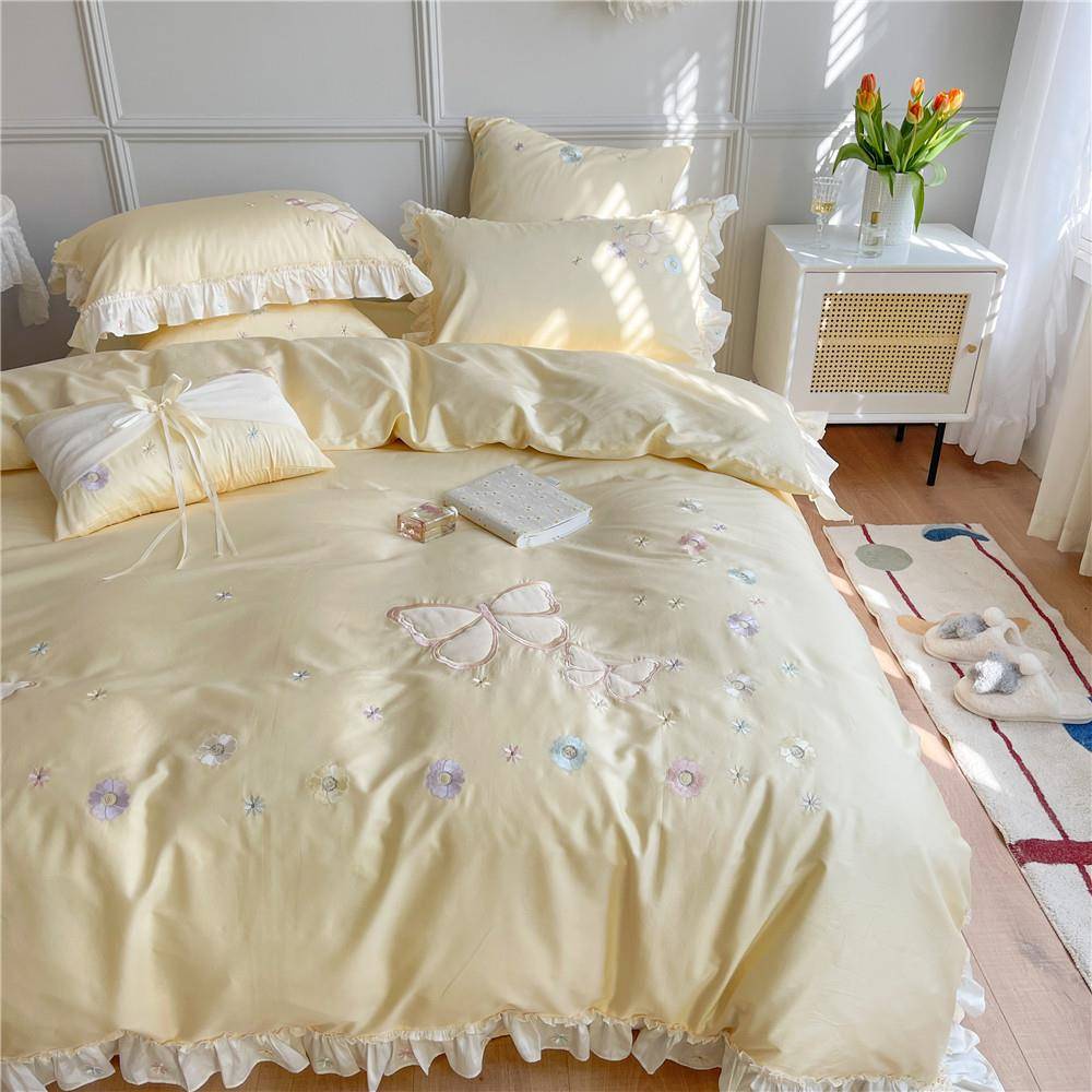 仙女小清新蝴蝶刺绣HLU黄被套绒棉用四件长套色纯棉公主床上品